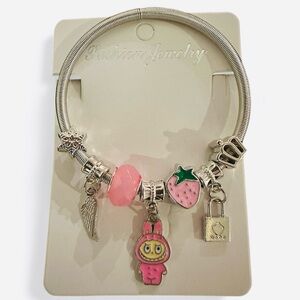Labubu Monster Silver Stretch Charm Bracelet with Pink Accents- NWT